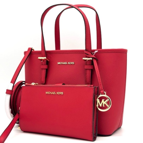 Michael Kors Jet Set Travel Extra-Small Top Zip Tote Bag & Double Zip Wallet Red - Picture 1 of 11
